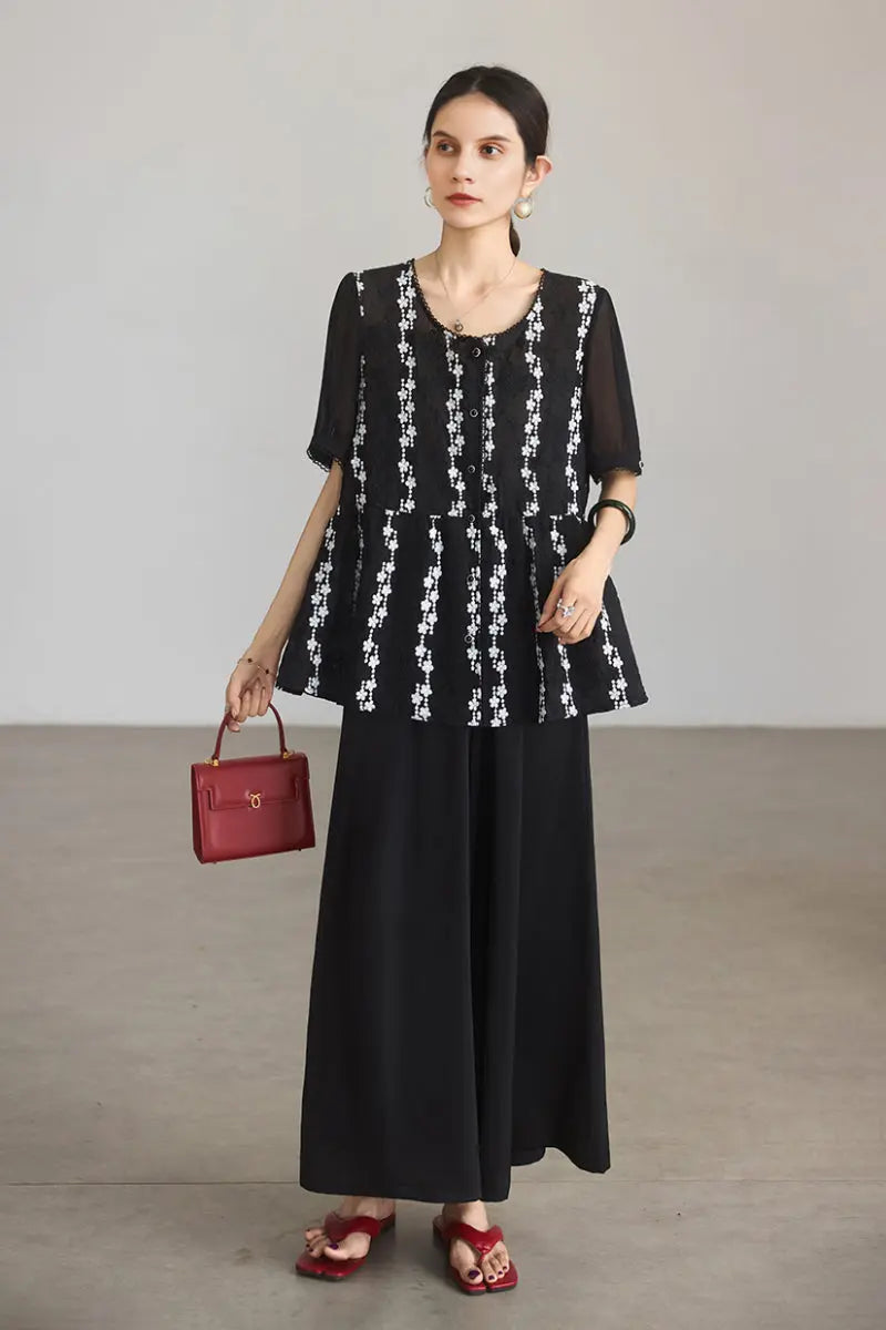 Lace Embroidered Short-Sleeve Peplum Blouse