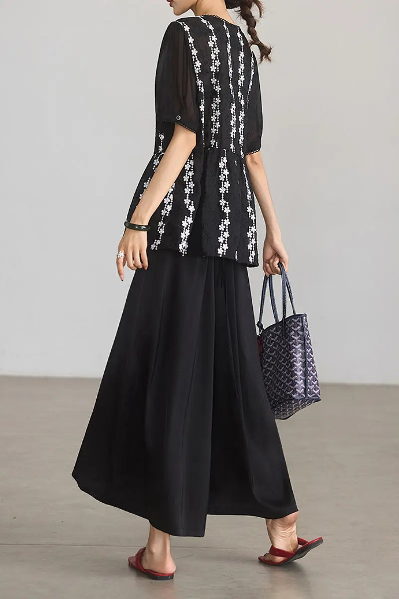 Lace Embroidered Short-Sleeve Peplum Blouse