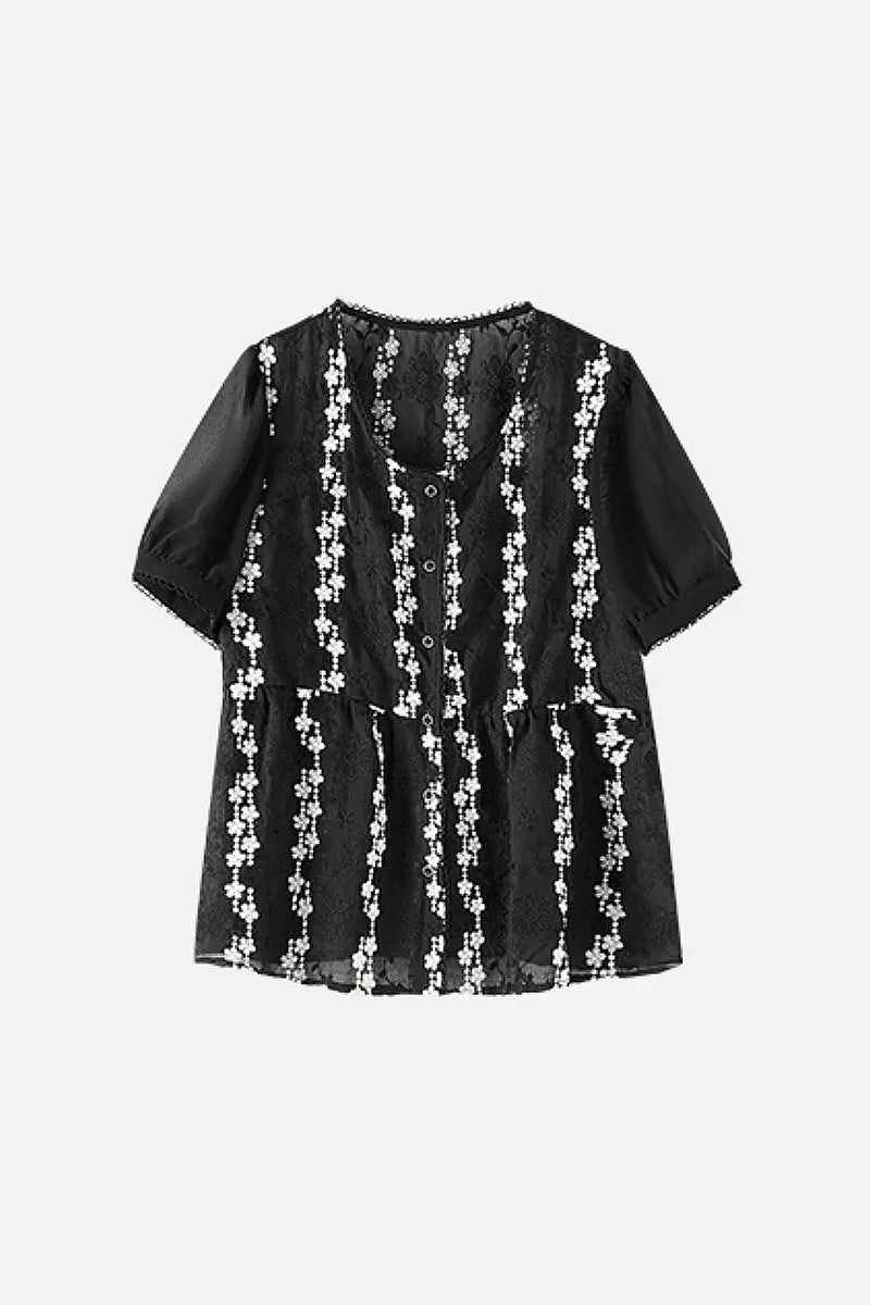 Lace Embroidered Short-Sleeve Peplum Blouse