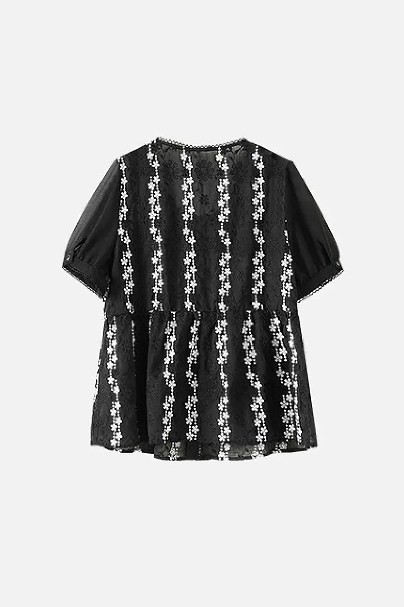Lace Embroidered Short-Sleeve Peplum Blouse