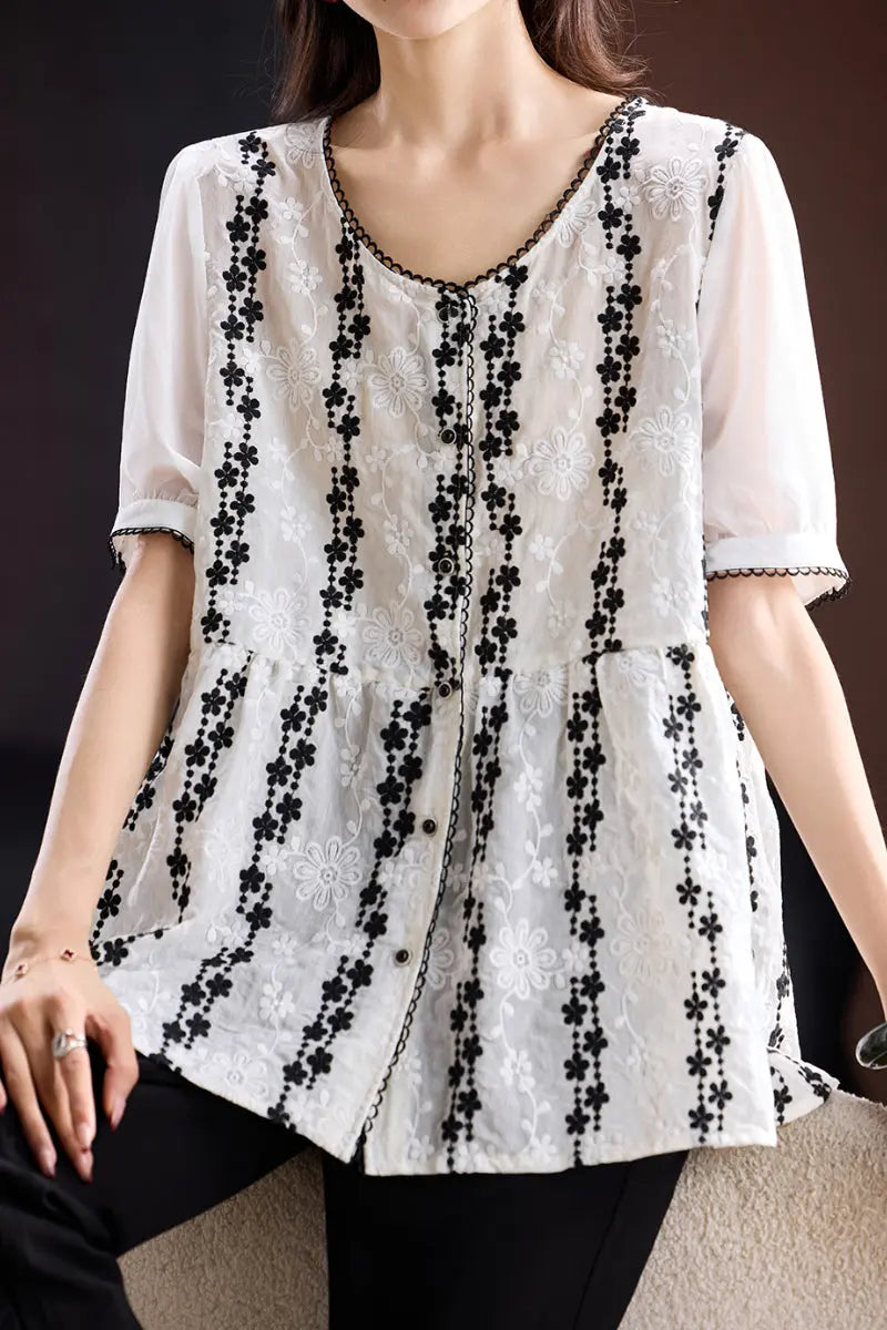 Lace Embroidered Short-Sleeve Peplum Blouse