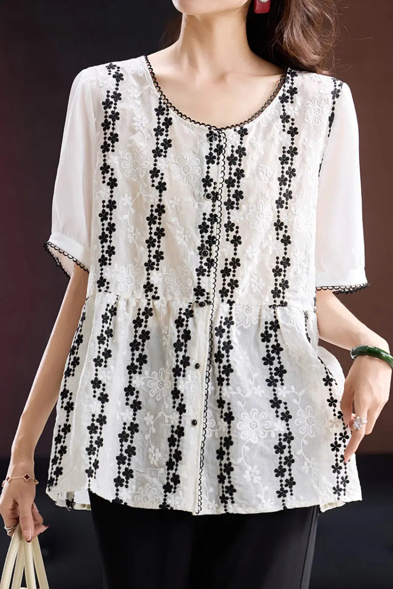 Lace Embroidered Short-Sleeve Peplum Blouse
