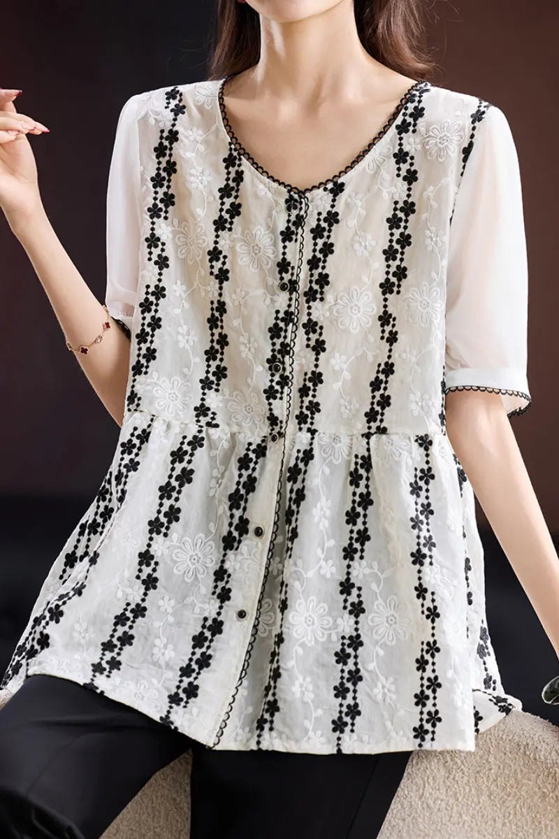 Lace Embroidered Short-Sleeve Peplum Blouse