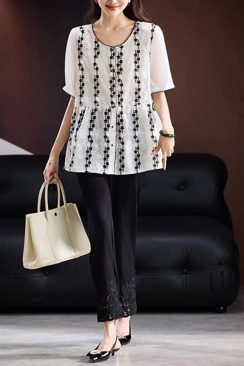 Lace Embroidered Short-Sleeve Peplum Blouse