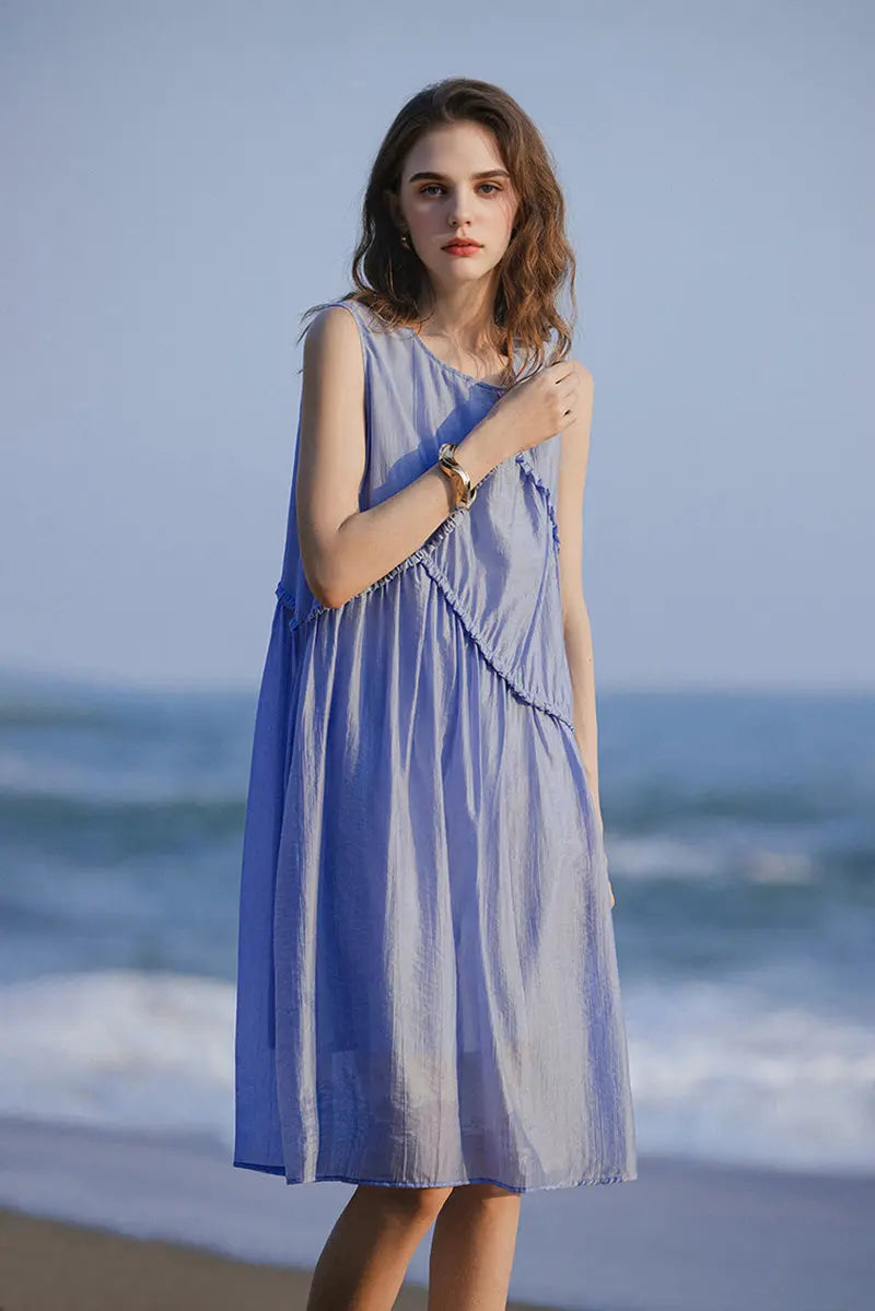 Light Blue Lyocell Sleeveless Ruffle-Detail Midi Dress