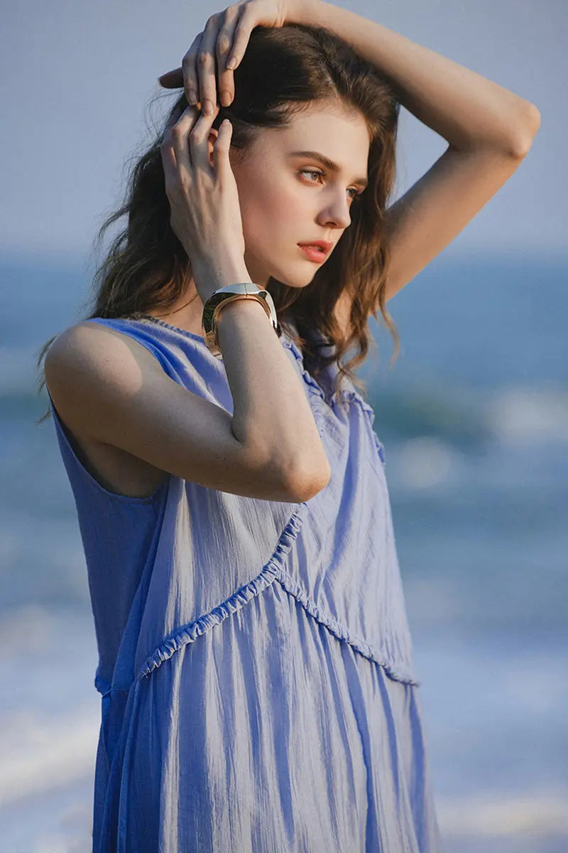 Light Blue Lyocell Sleeveless Ruffle-Detail Midi Dress