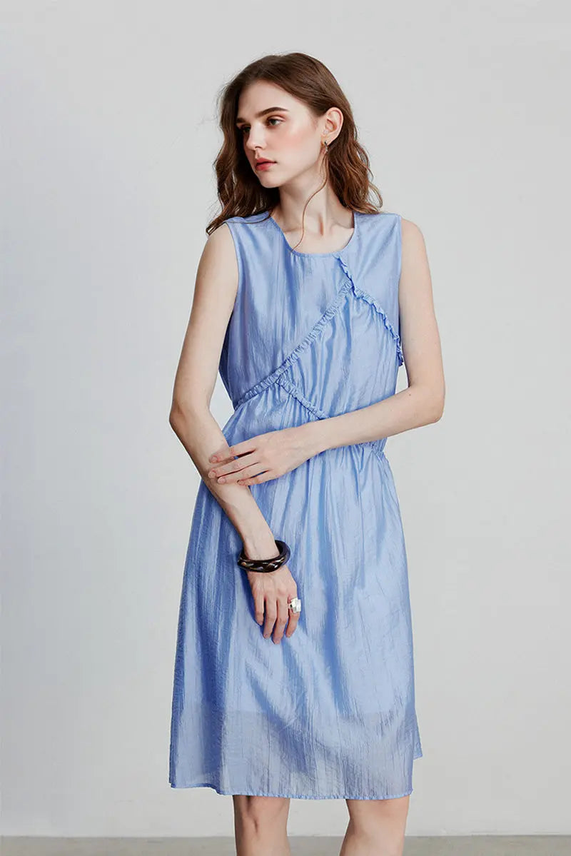Light Blue Lyocell Sleeveless Ruffle-Detail Midi Dress