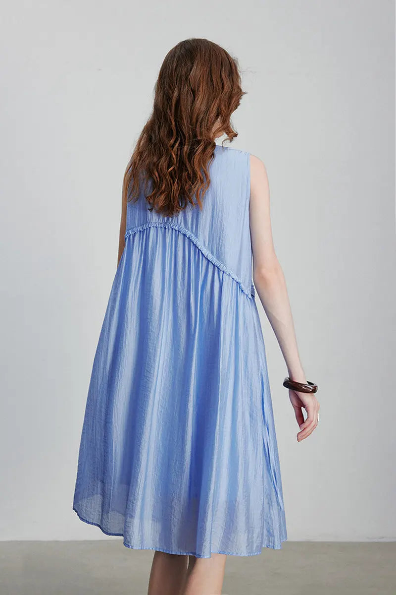 Light Blue Lyocell Sleeveless Ruffle-Detail Midi Dress