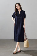 Linen-Blend Short-Sleeve Shirt Dress in Deep Navy