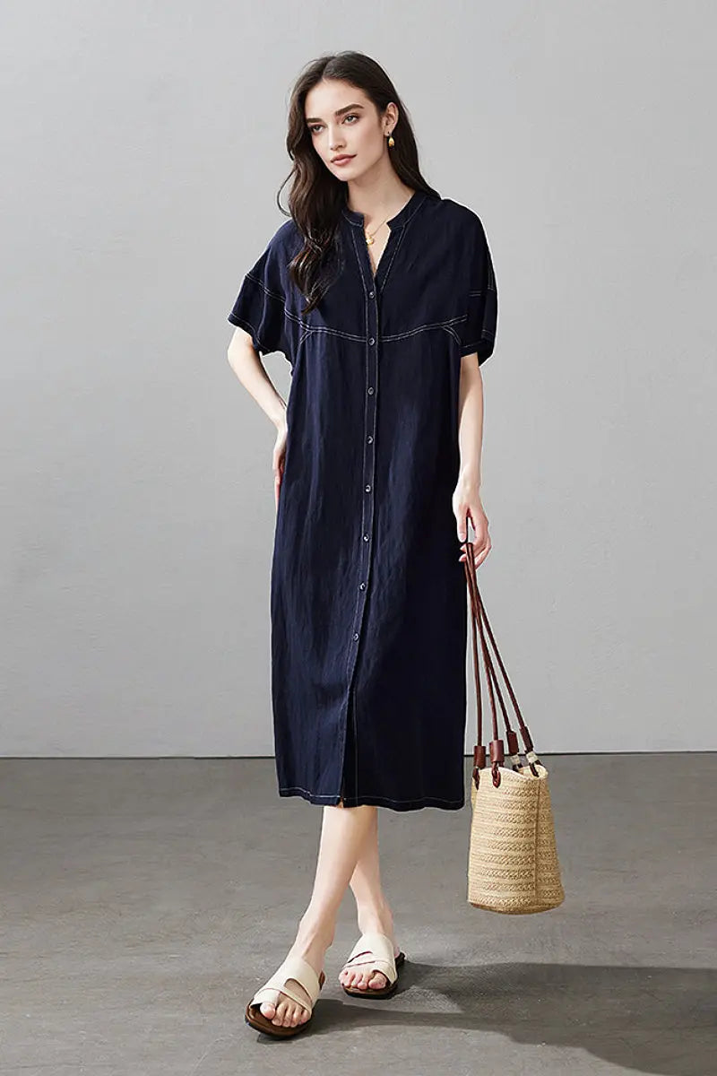 Linen-Blend Short-Sleeve Shirt Dress in Deep Navy
