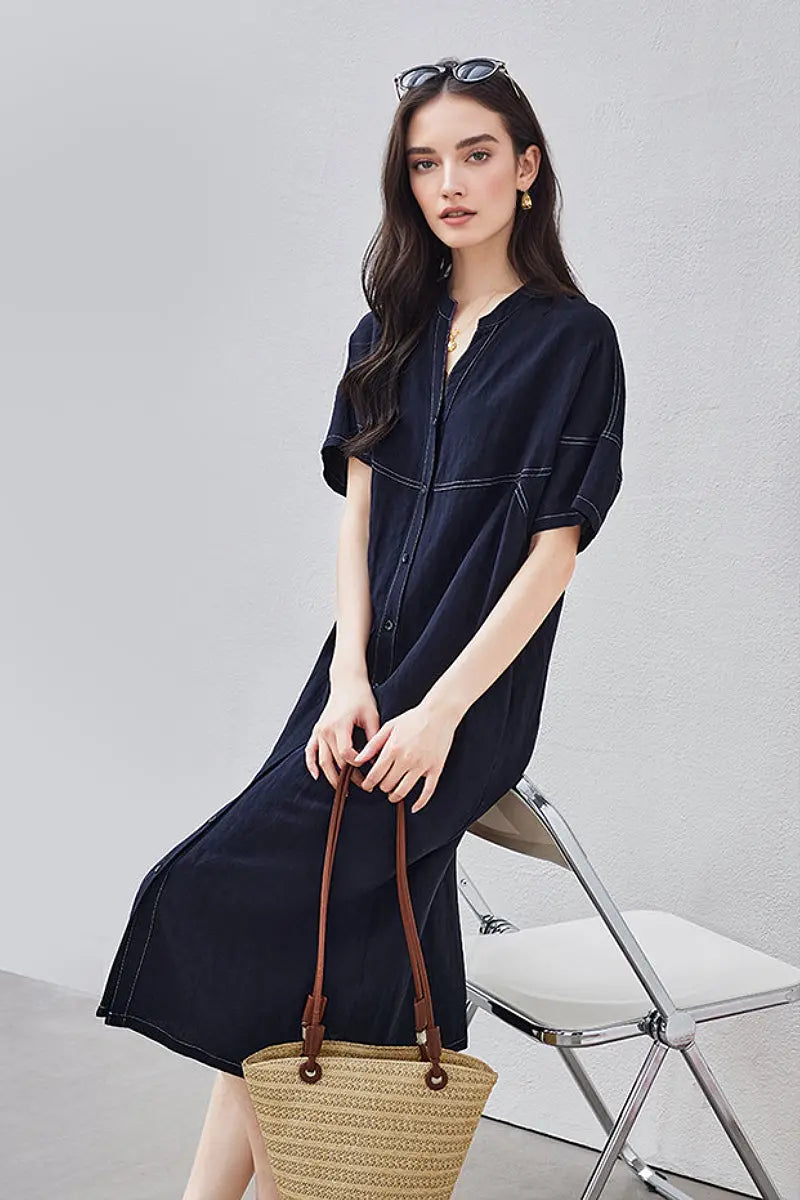 Linen-Blend Short-Sleeve Shirt Dress in Deep Navy