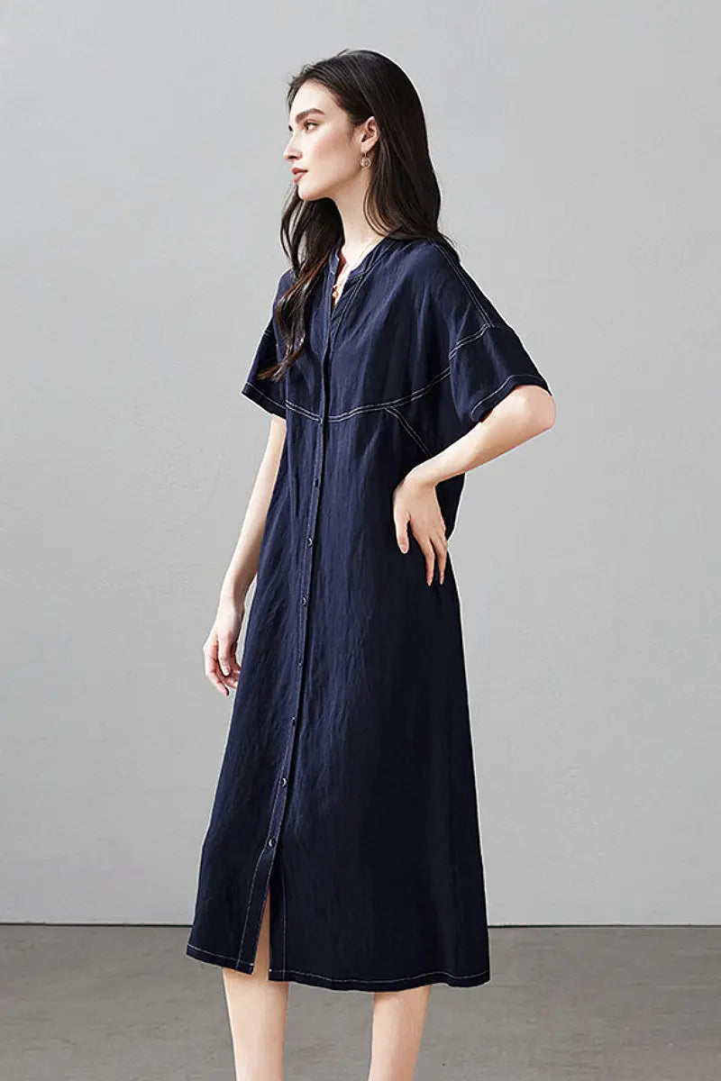 Linen-Blend Short-Sleeve Shirt Dress in Deep Navy