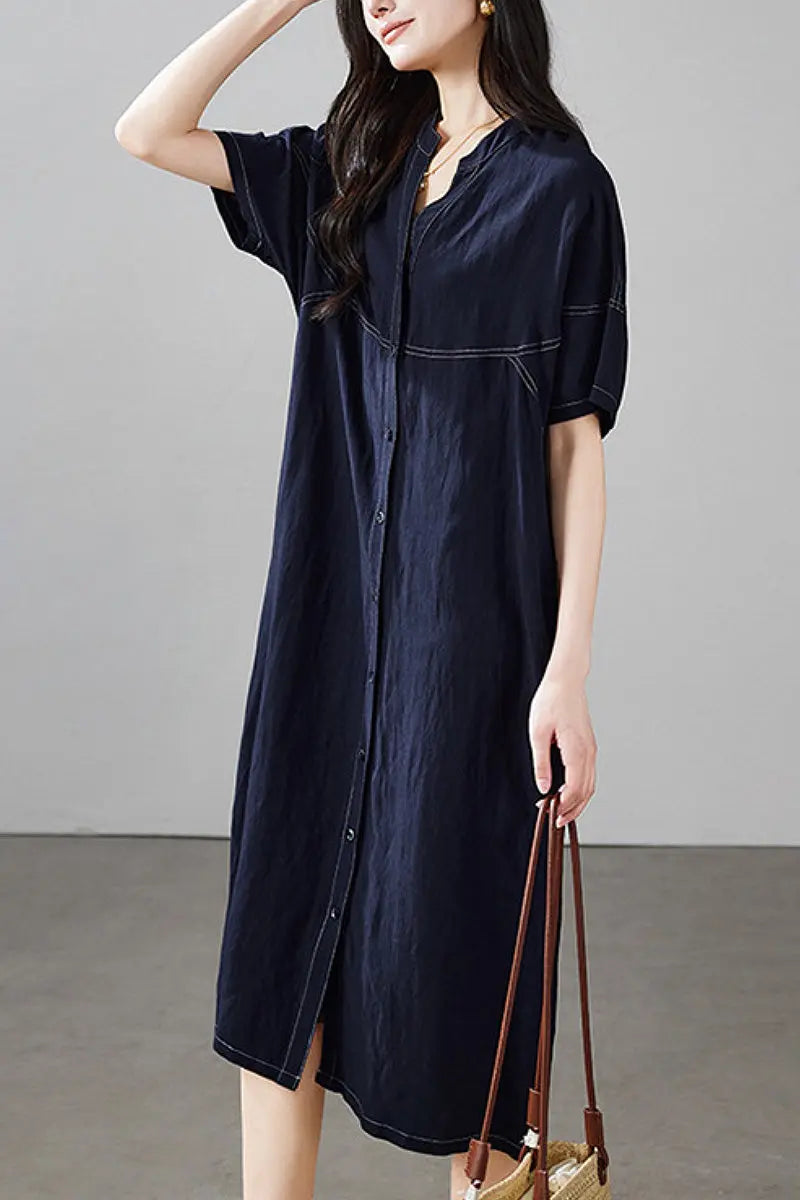 Linen-Blend Short-Sleeve Shirt Dress in Deep Navy