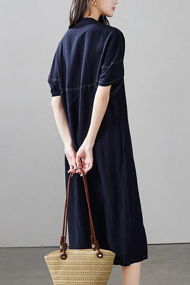 Linen-Blend Short-Sleeve Shirt Dress in Deep Navy