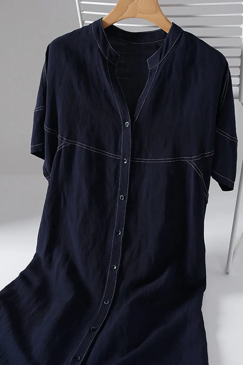 Linen-Blend Short-Sleeve Shirt Dress in Deep Navy