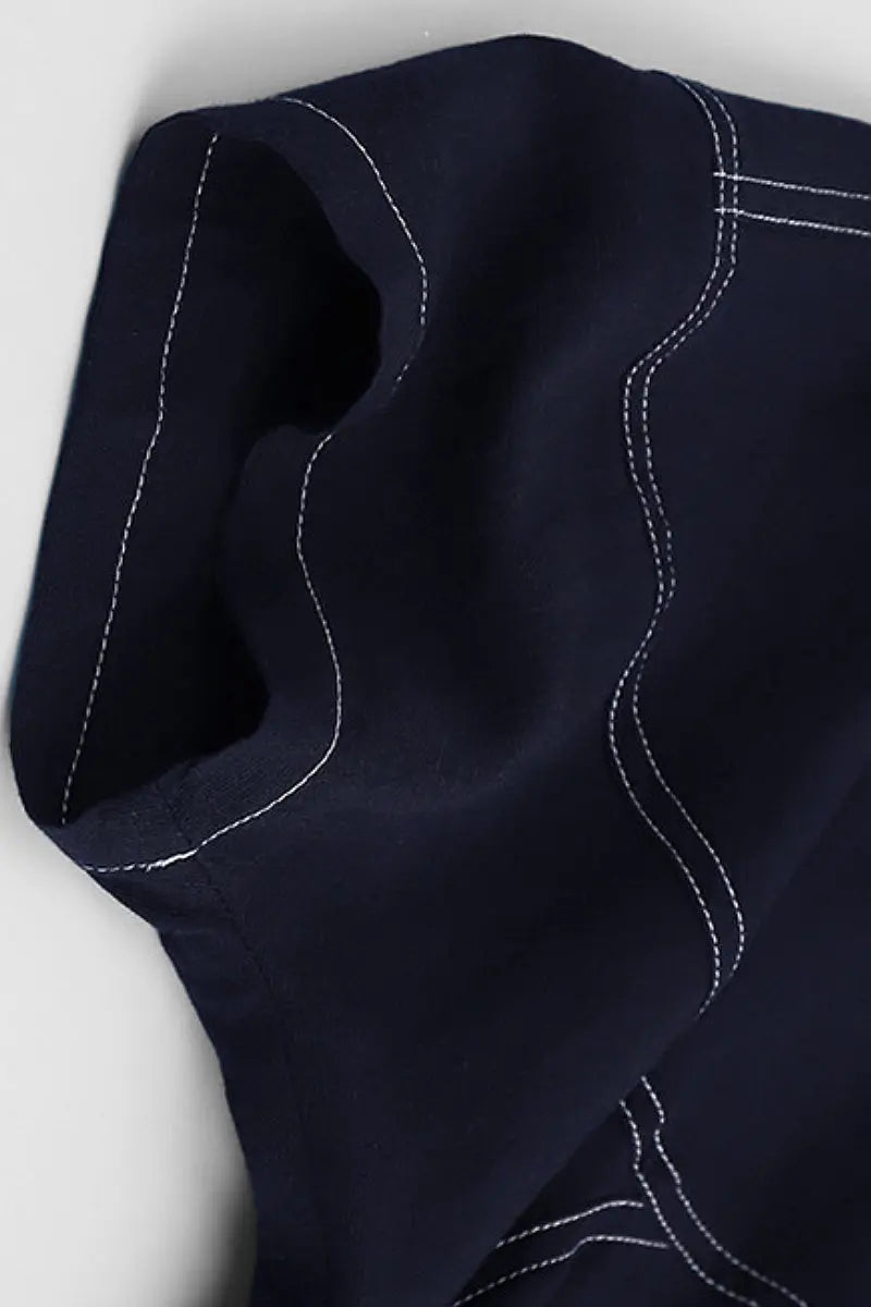 Linen-Blend Short-Sleeve Shirt Dress in Deep Navy