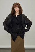 Linen Oversized Collarless Sheer Beach Shirt