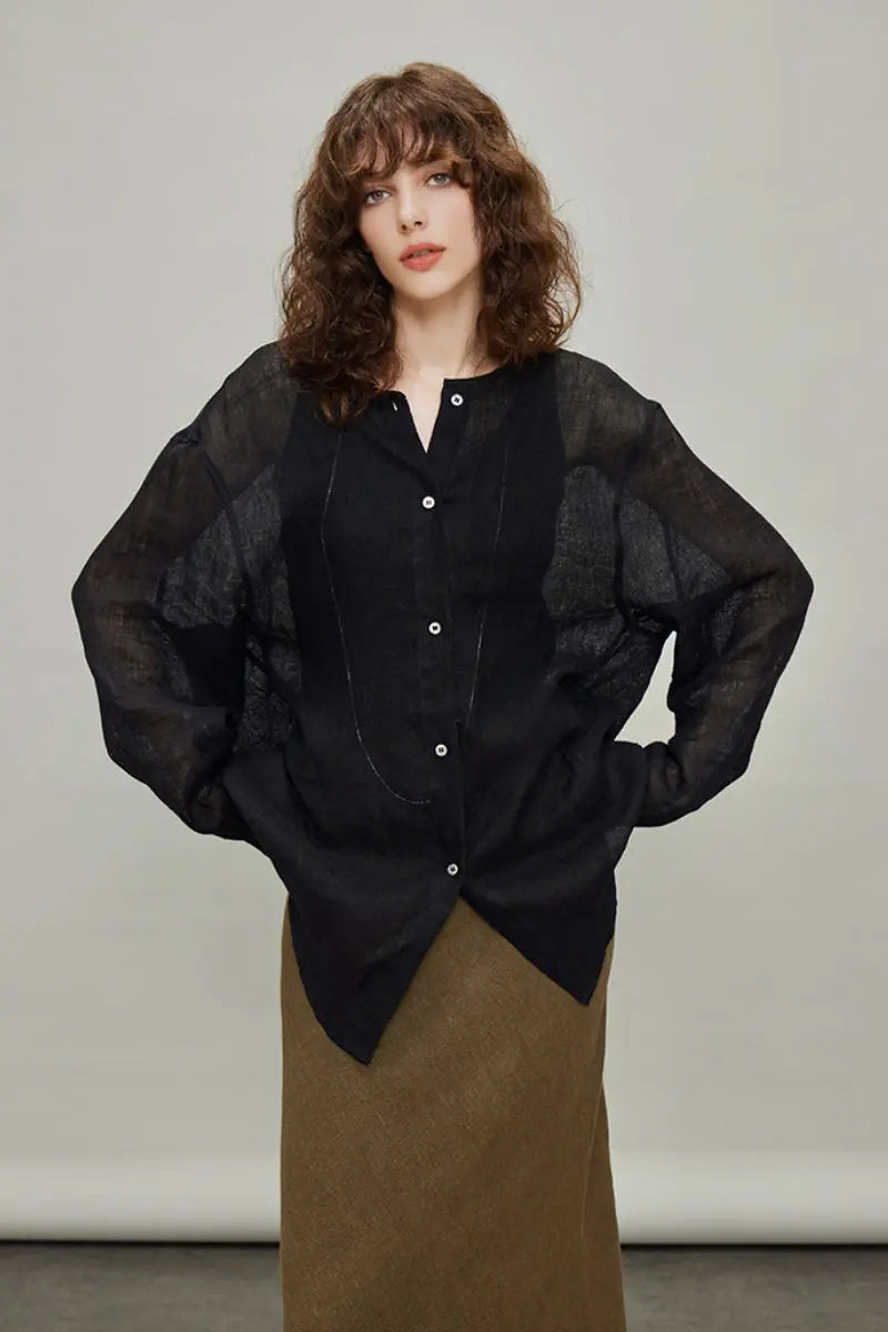 Linen Oversized Collarless Sheer Beach Shirt