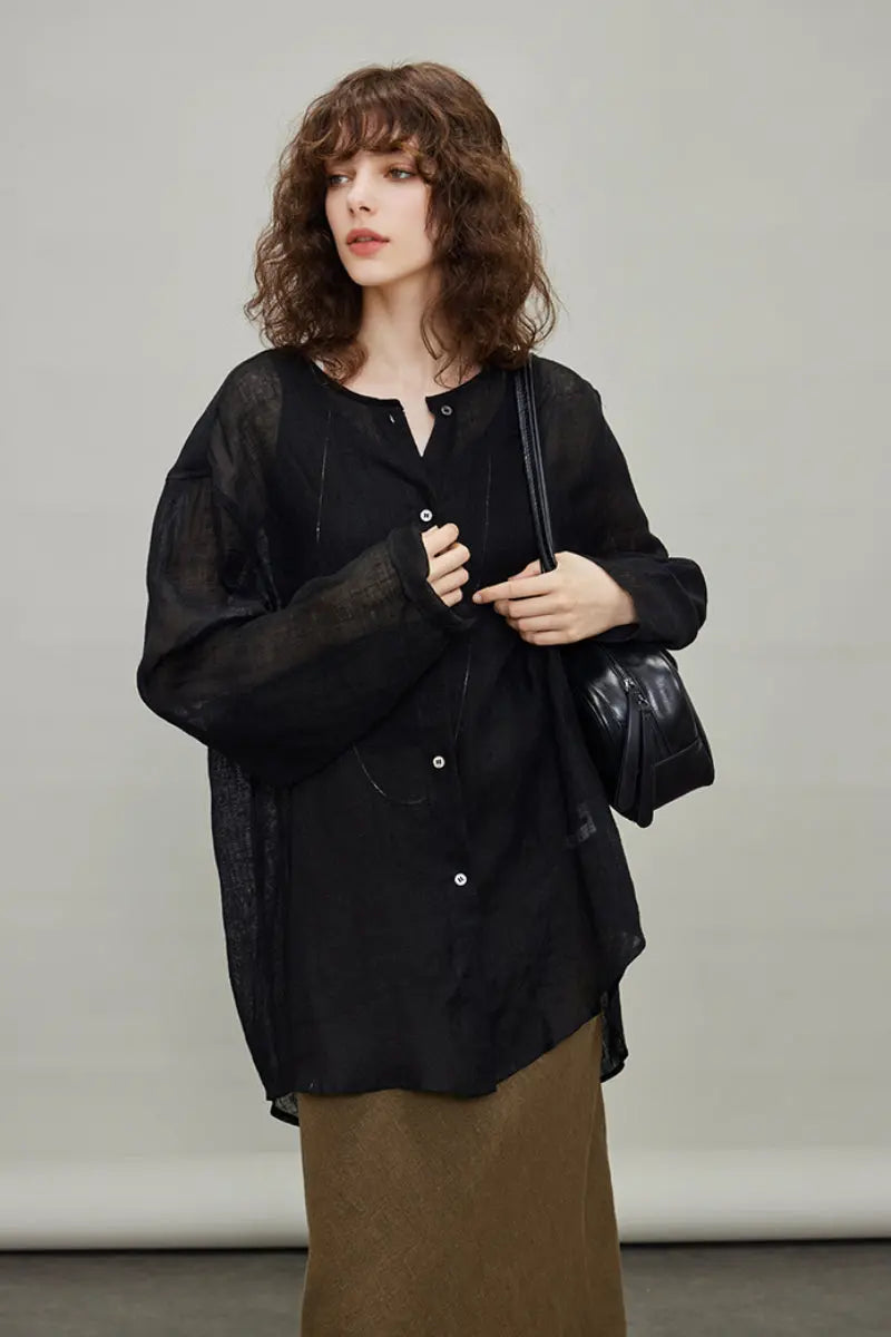 Linen Oversized Collarless Sheer Beach Shirt