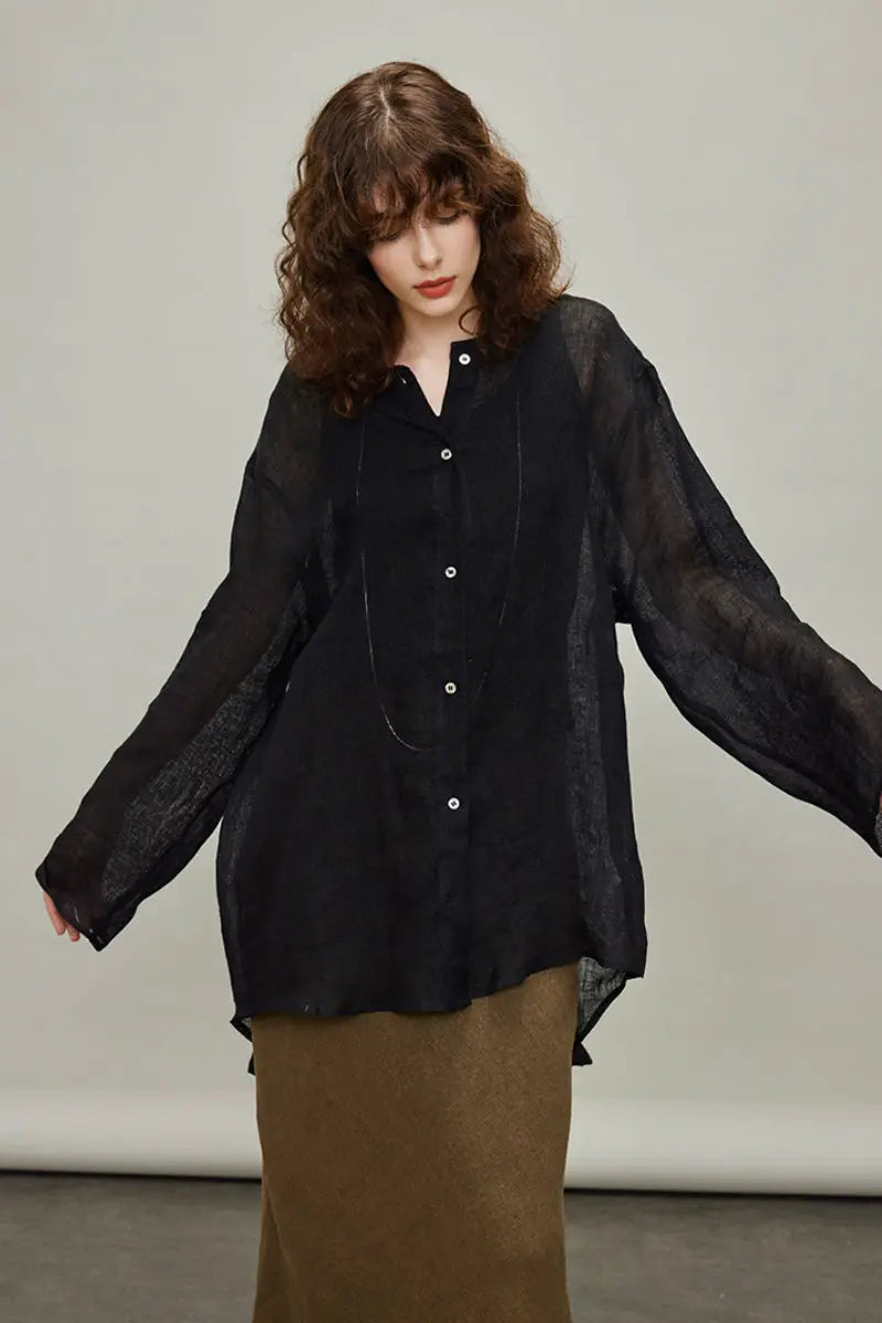 Linen Oversized Collarless Sheer Beach Shirt