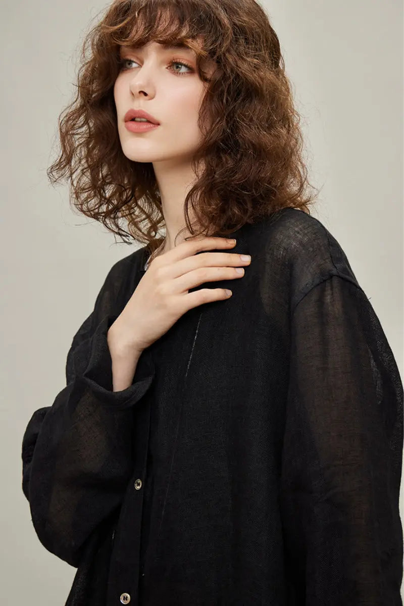 Linen Oversized Collarless Sheer Beach Shirt