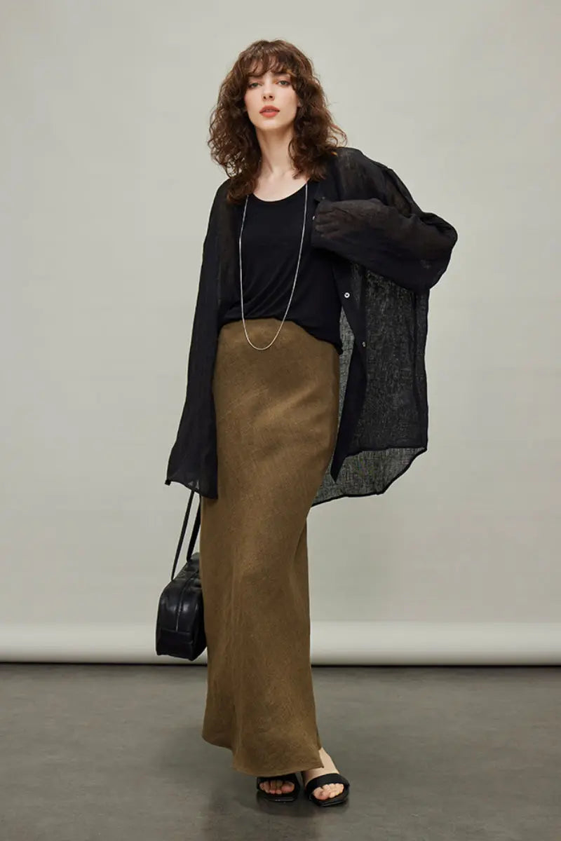 Linen Oversized Collarless Sheer Beach Shirt