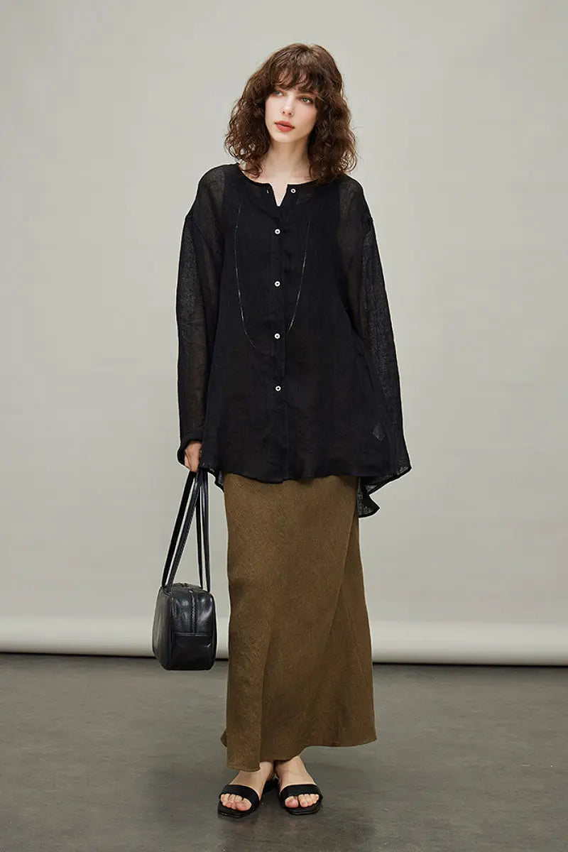 Linen Oversized Collarless Sheer Beach Shirt
