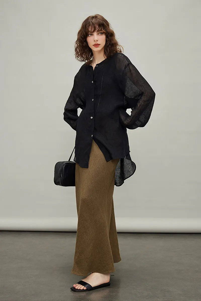 Linen Oversized Collarless Sheer Beach Shirt