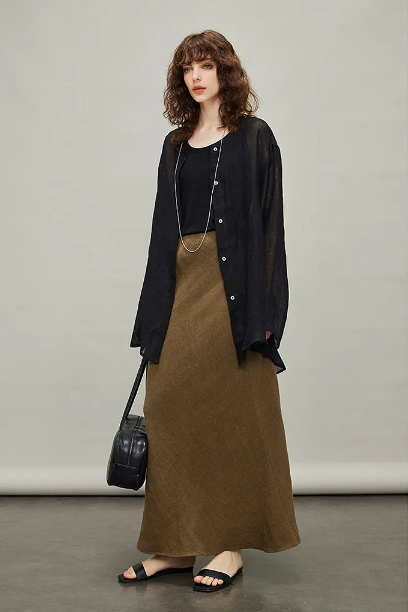 Linen Oversized Collarless Sheer Beach Shirt