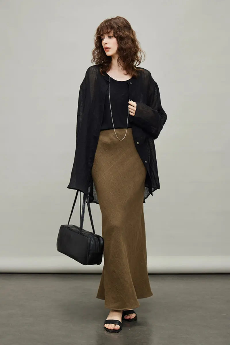 Linen Oversized Collarless Sheer Beach Shirt