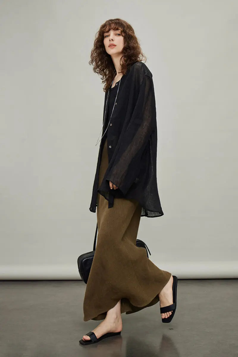 Linen Oversized Collarless Sheer Beach Shirt