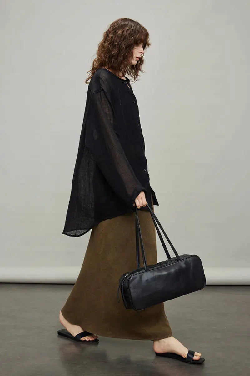 Linen Oversized Collarless Sheer Beach Shirt