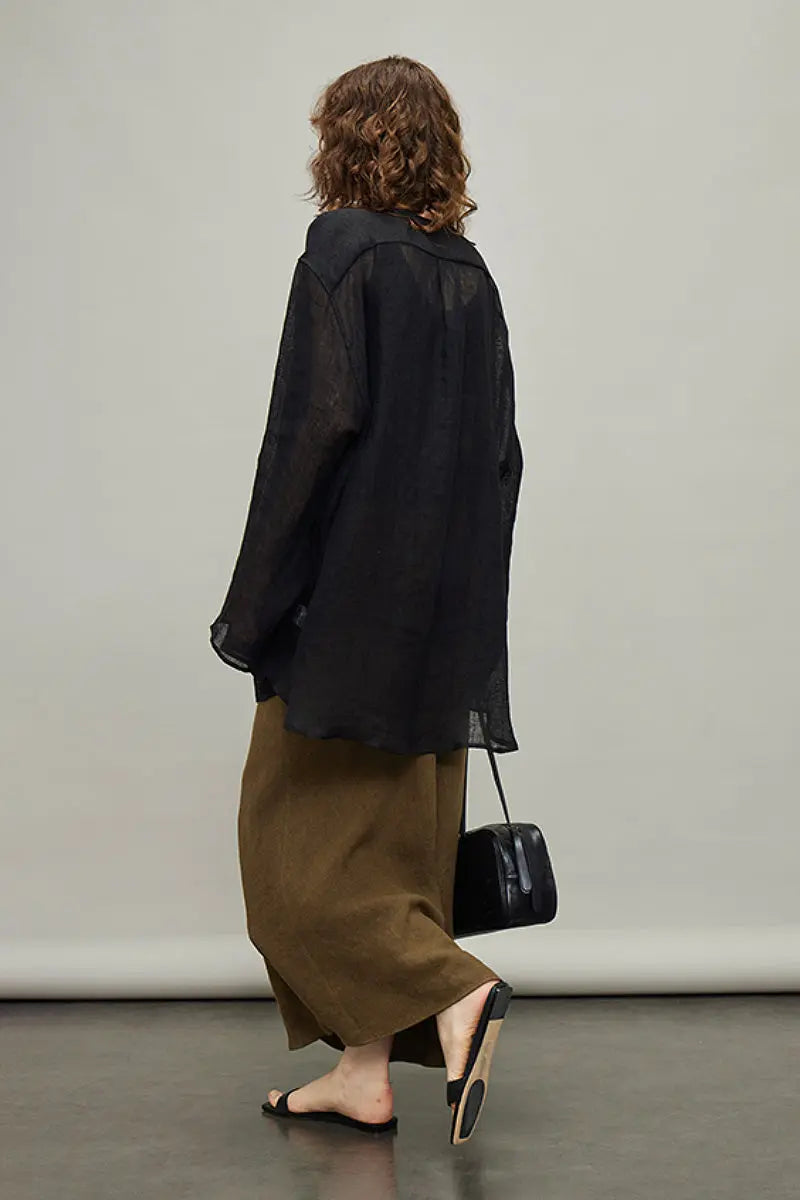 Linen Oversized Collarless Sheer Beach Shirt