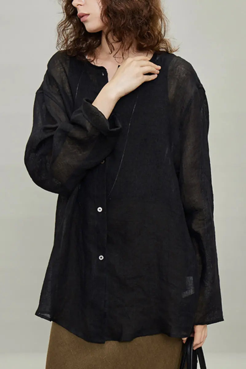 Linen Oversized Collarless Sheer Beach Shirt