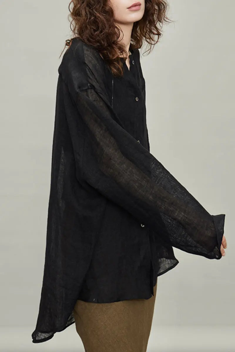 Linen Oversized Collarless Sheer Beach Shirt