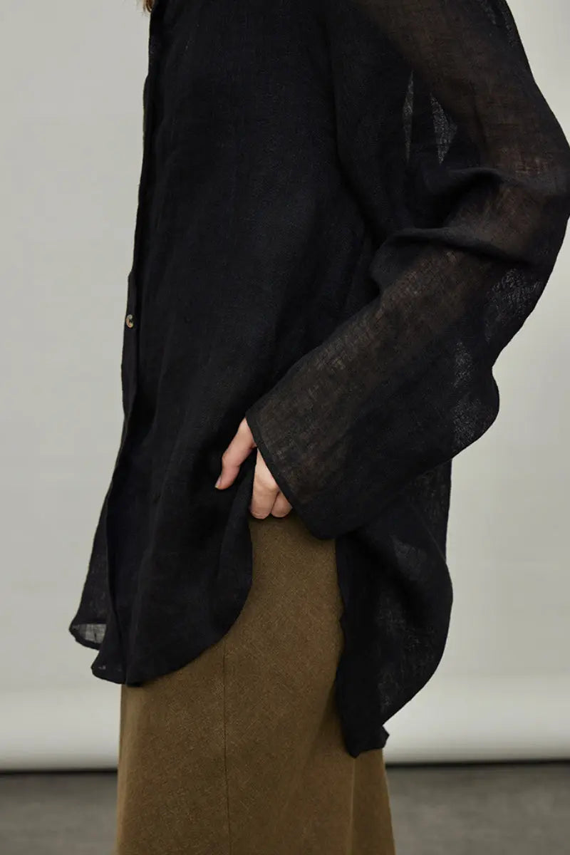 Linen Oversized Collarless Sheer Beach Shirt
