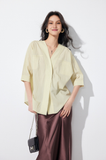 Loose Fit Collarless V Neck T Shirt with Concealed Button Placket