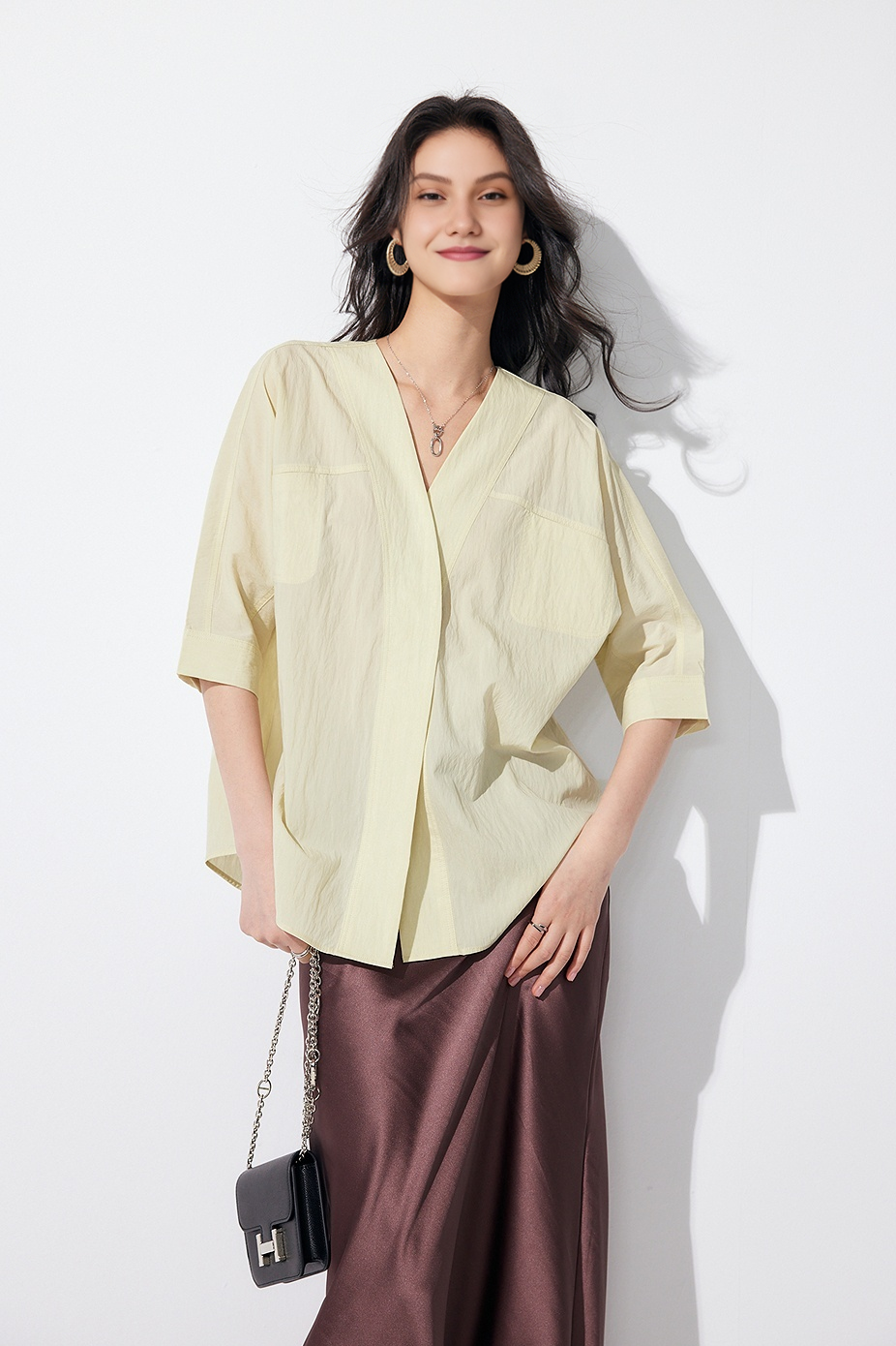 Loose Fit Collarless V Neck T Shirt with Concealed Button Placket