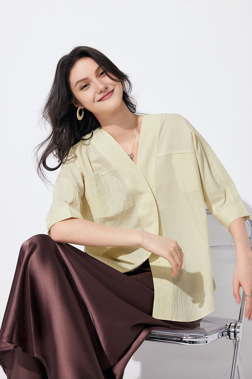 Loose Fit Collarless V Neck T Shirt with Concealed Button Placket