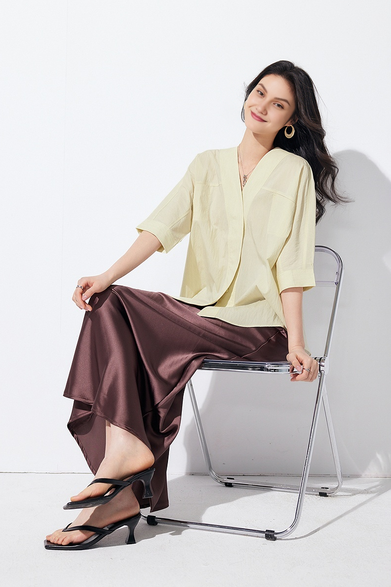 Loose Fit Collarless V Neck T Shirt with Concealed Button Placket
