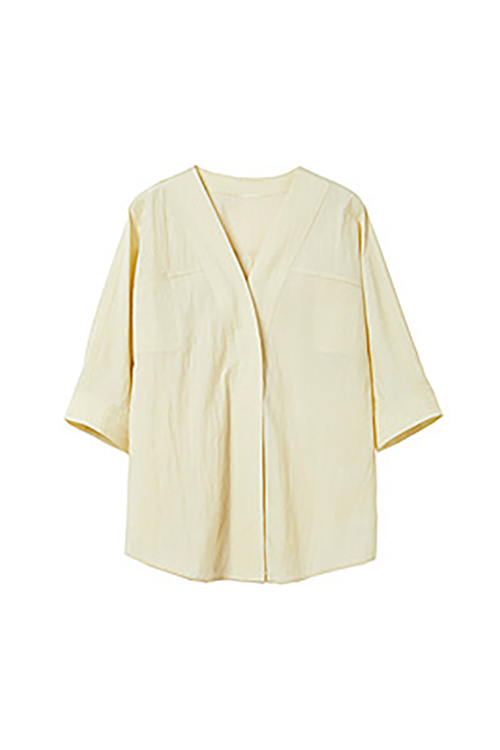 Loose Fit Collarless V Neck T Shirt with Concealed Button Placket