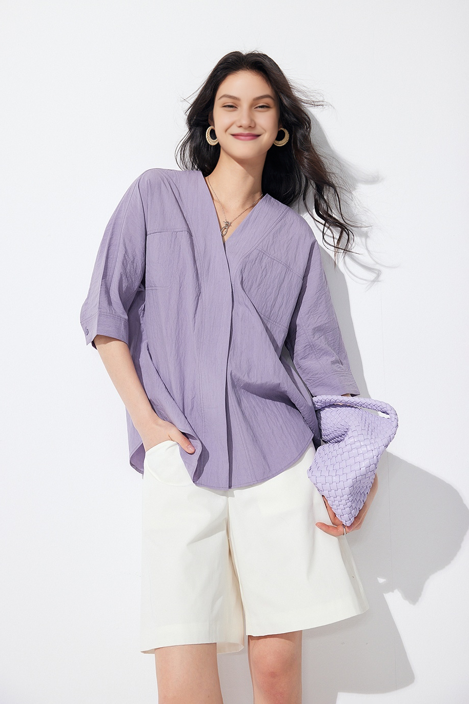 Loose Fit Collarless V Neck T Shirt with Concealed Button Placket