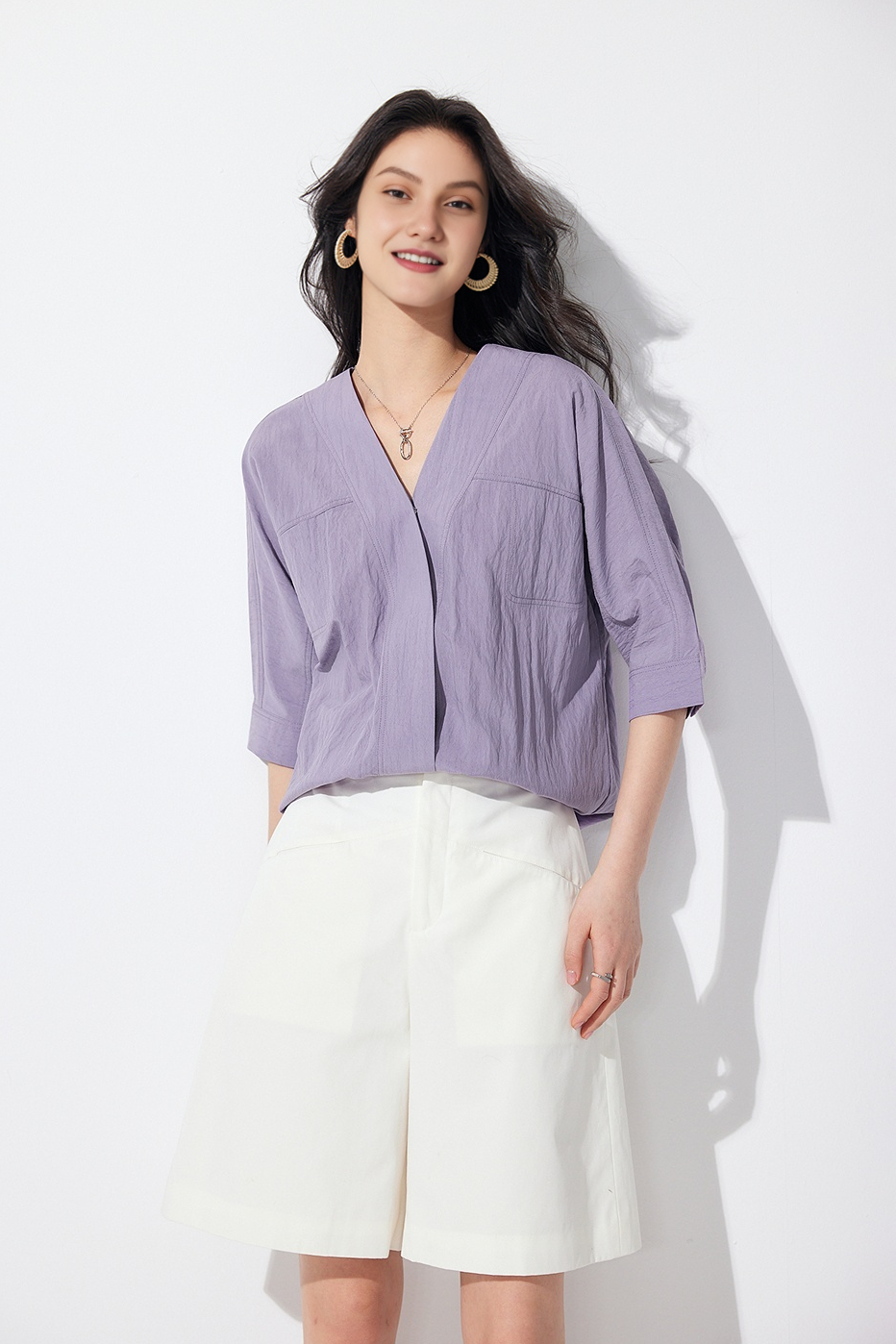 Loose Fit Collarless V Neck T Shirt with Concealed Button Placket