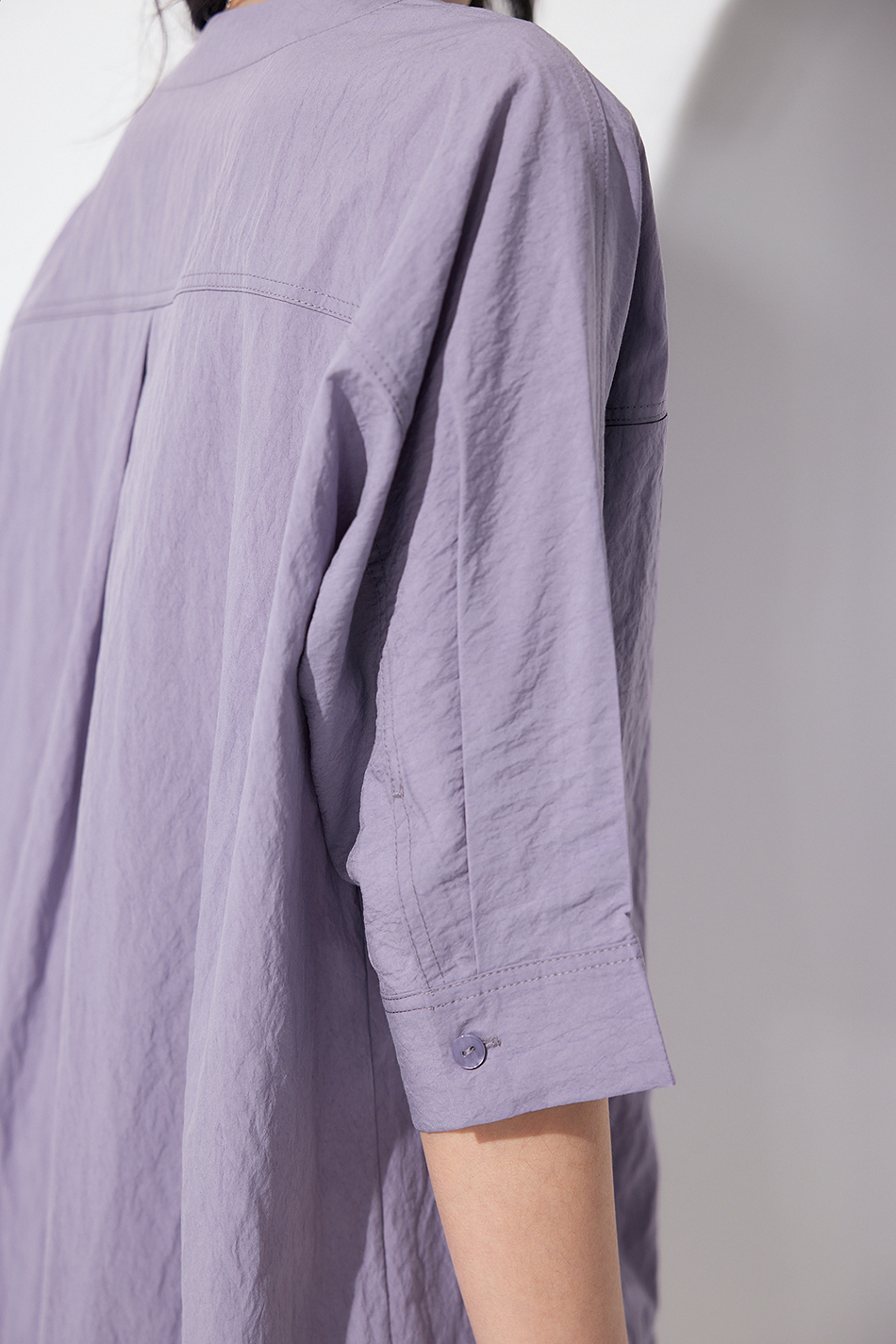 Loose Fit Collarless V Neck T Shirt with Concealed Button Placket