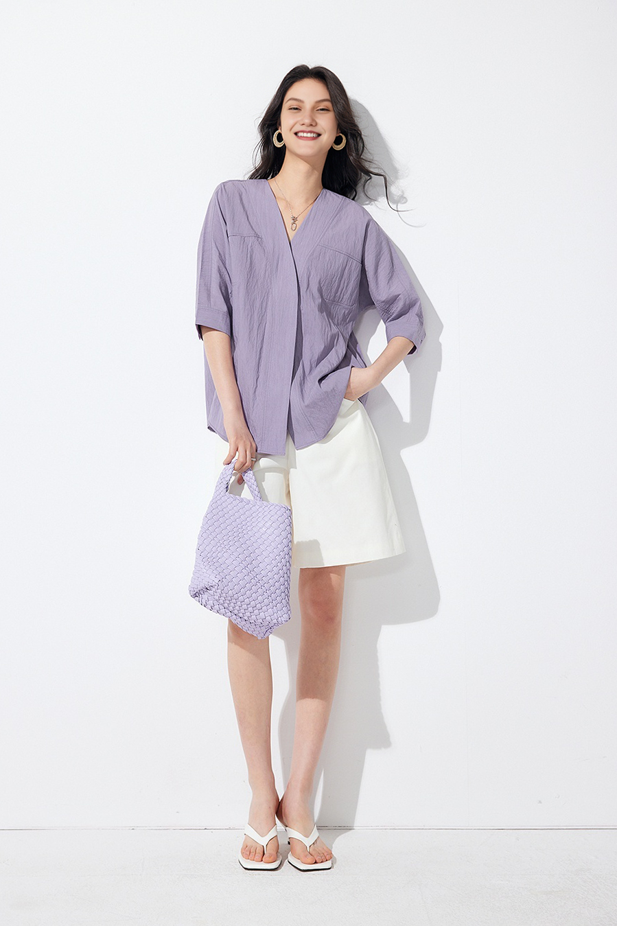 Loose Fit Collarless V Neck T Shirt with Concealed Button Placket