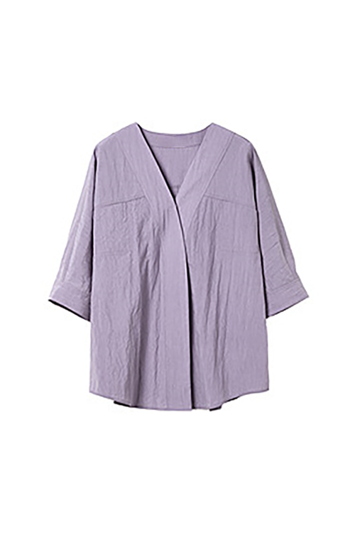 Loose Fit Collarless V Neck T Shirt with Concealed Button Placket