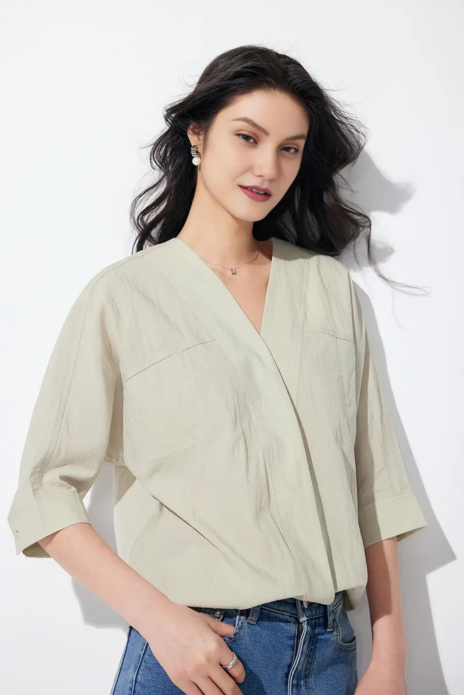 Loose Fit Collarless V Neck T Shirt with Concealed Button Placket
