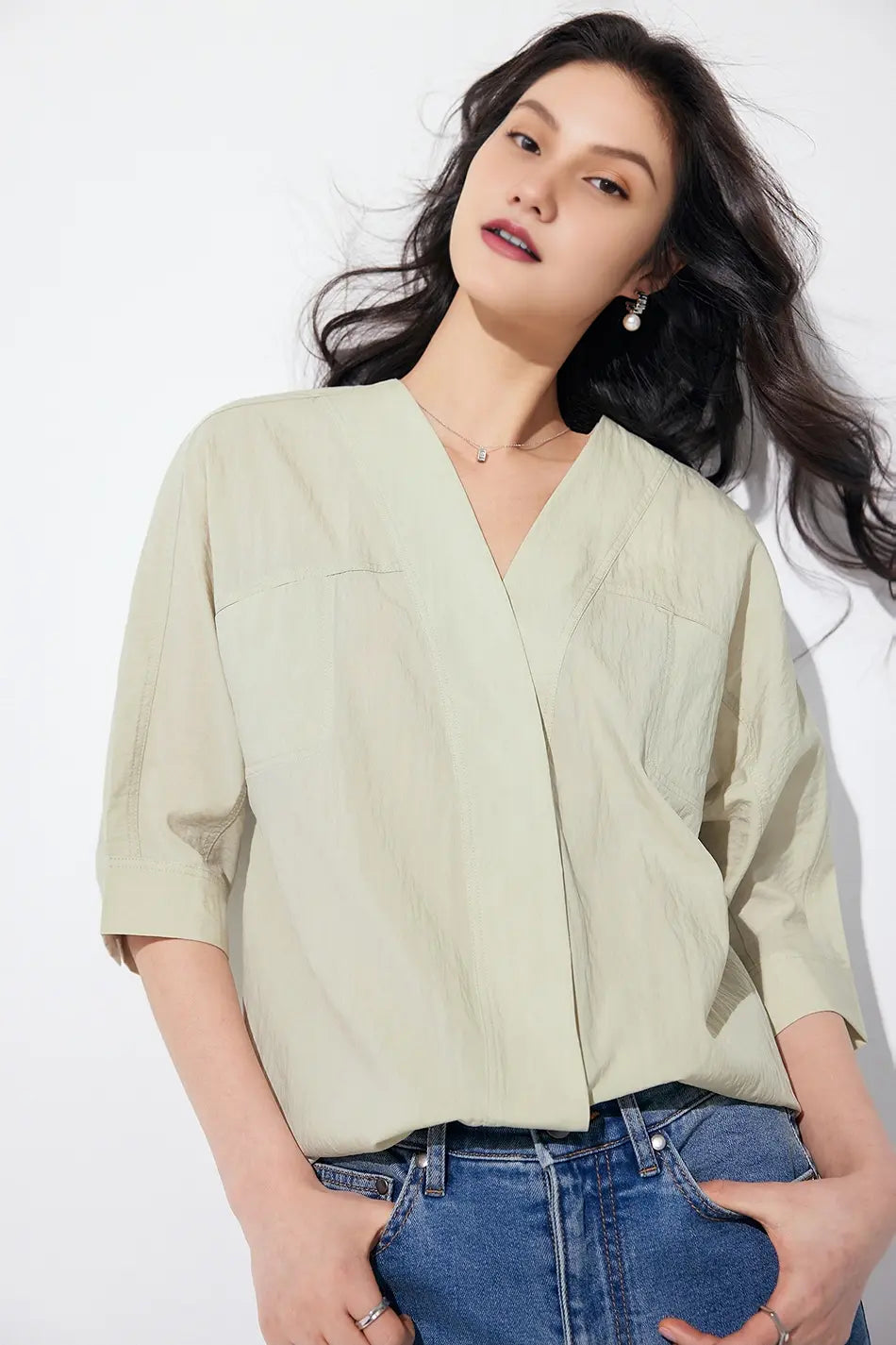 Loose Fit Collarless V Neck T Shirt with Concealed Button Placket