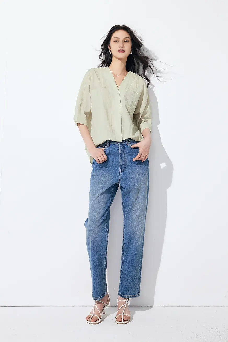 Loose Fit Collarless V Neck T Shirt with Concealed Button Placket