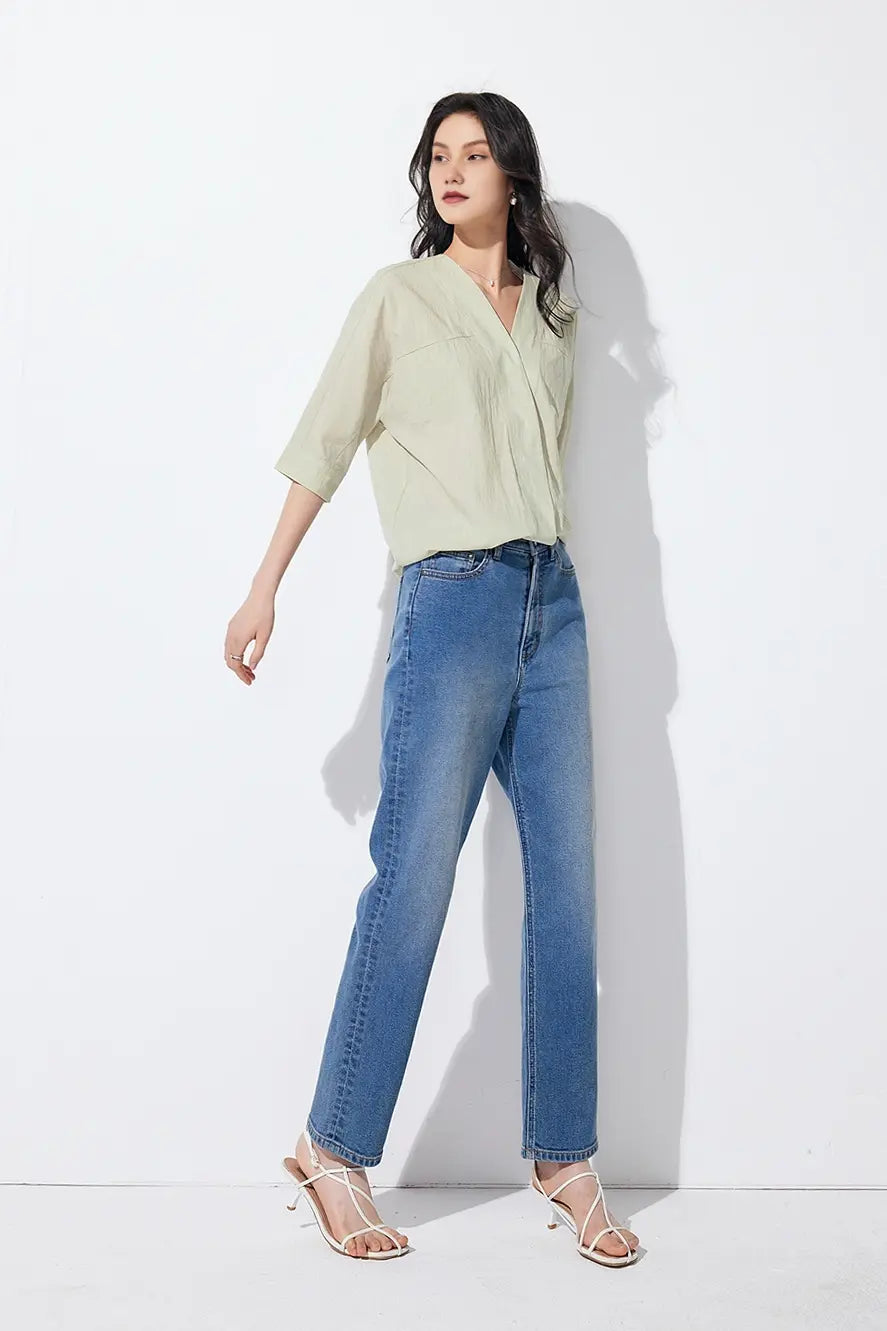 Loose Fit Collarless V Neck T Shirt with Concealed Button Placket